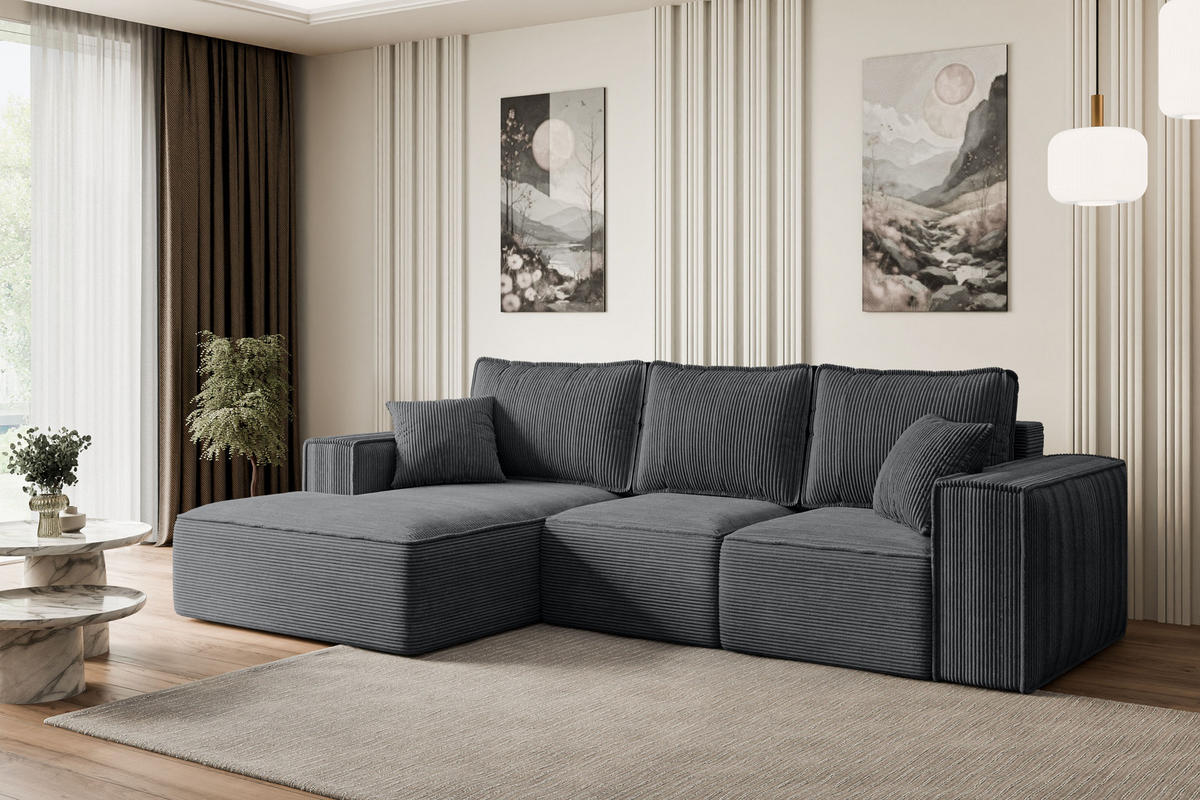 ECKSOFA mit Schlaffunktion und Bettkasten SERRA-L-S - 266x161x87 cm Duneklgrau Cord - Dunkelgrau/Schwarz, Holzwerkstoff/Kunststoff (266/161cm) - ALTDECOR