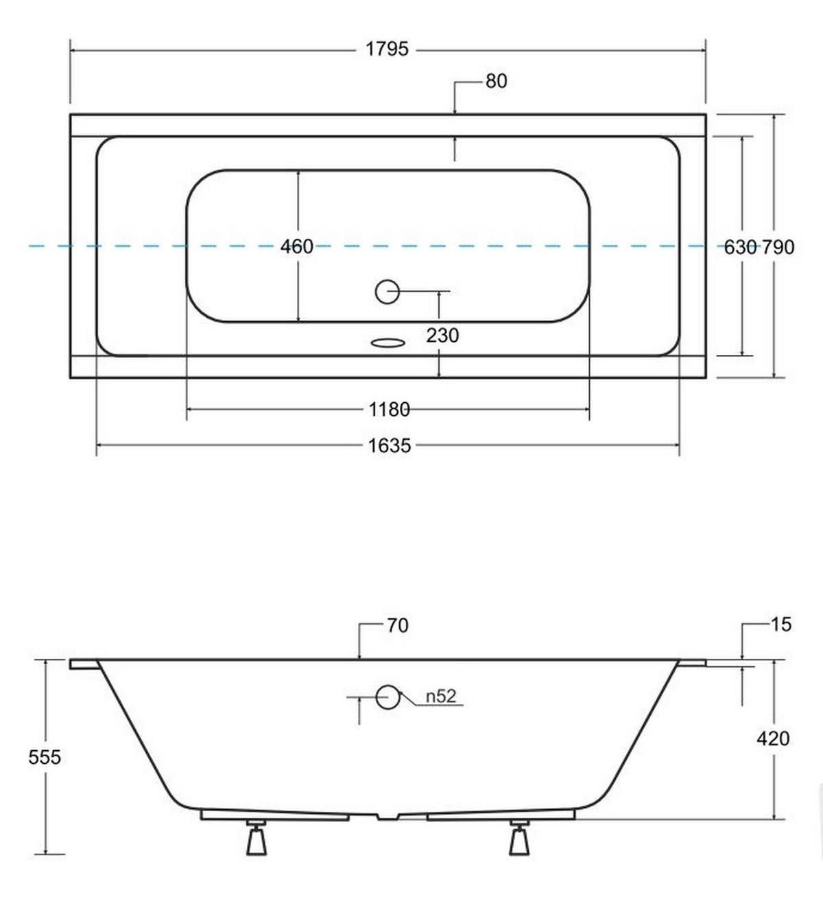 BADEWANNE Rechteck QUADRO SLIM 180/80 mit Träger Ablauf Füße - Weiß, Kunststoff (80/55.5/180cm) - bad land