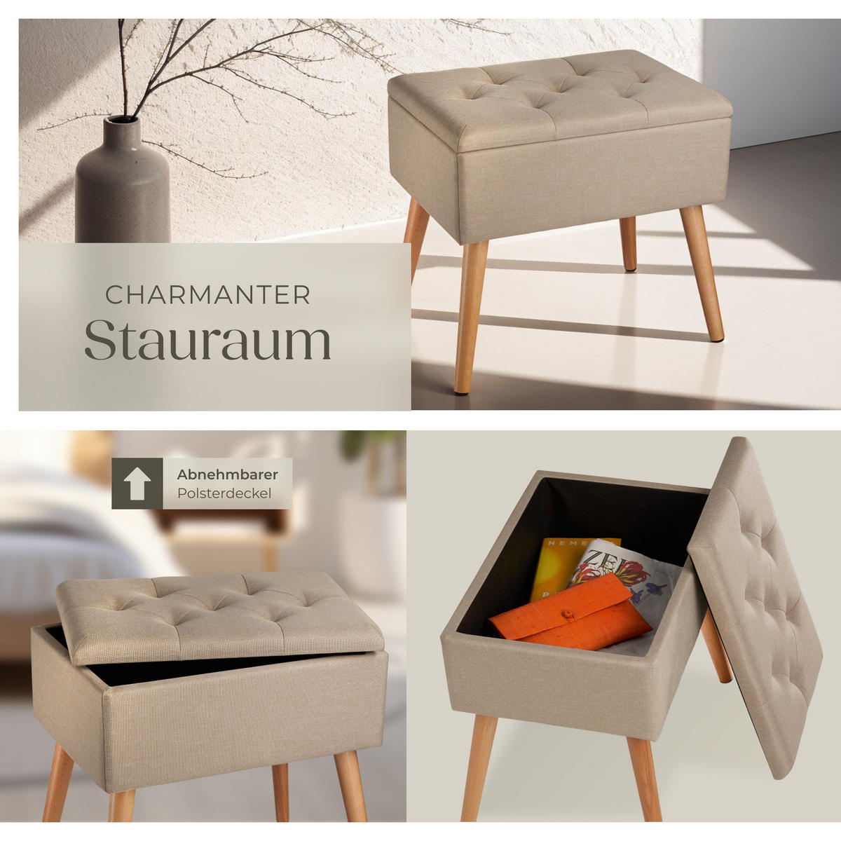 SITZBANK Ranya,51 x 37,5 x 45,5 cm,Sand - Sandfarben, Holz (37.5/45.5/51cm) - tectake