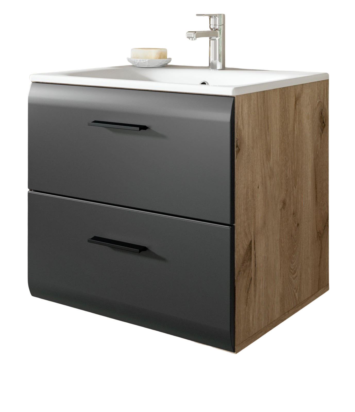 WASCHTISCH mit Waschbecken, schwarz matt, Eiche Nox, Waschtischunterschrank 60 cm mit Schubkästen - Eichefarben/Schwarz, Keramik/Holzwerkstoff (60/55/46cm) - Inn.Furn