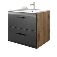 WASCHTISCH mit Waschbecken, schwarz matt, Eiche Nox, Waschtischunterschrank 60 cm mit Schubkästen - Eichefarben/Schwarz, Keramik/Holzwerkstoff (60/55/46cm) - Inn.Furn
