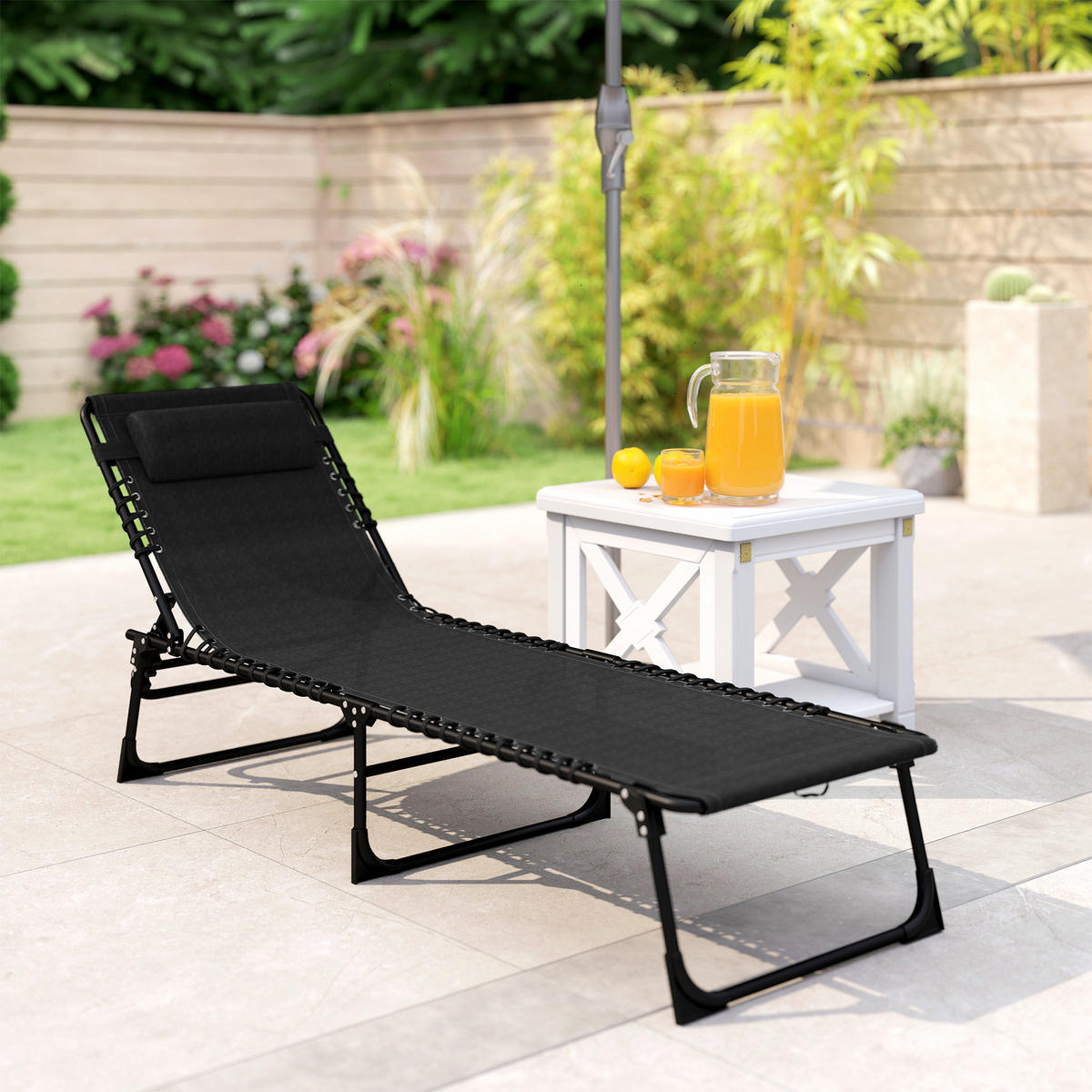 GARTENLIEGE 4-stufige Rückenlehne verstellbar Stahl Mesh-Stoff Schwarz 197 x 58 x 30 cm - Schwarz, Kunststoff/Metall (58/30/189cm) - Outsunny