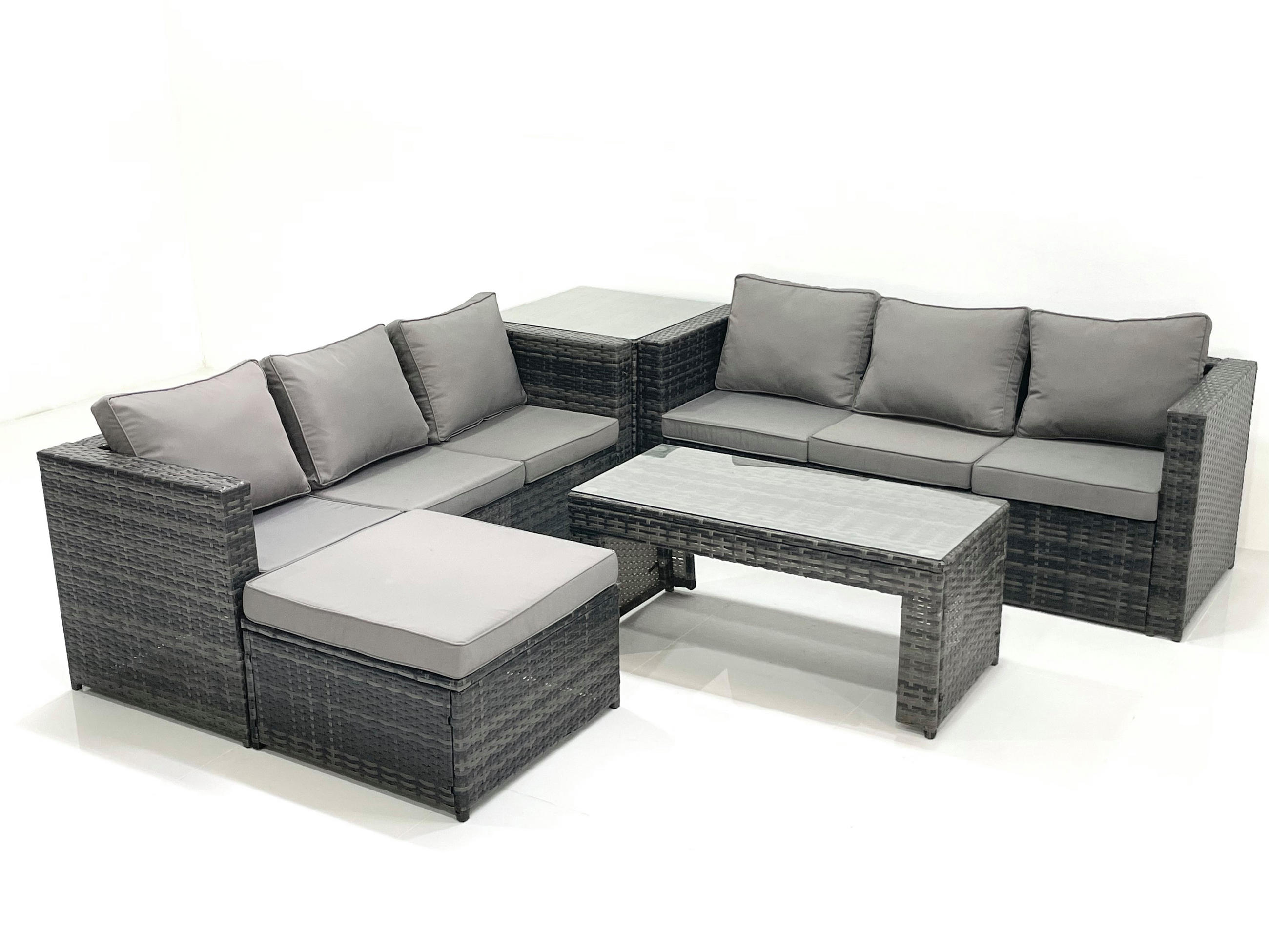 GARTENMÖBEL COUCHTISCH SET mit Sofa Polyrattan Outdoor 7-Sitzer - Dunkelgrau/Grau, Glas/Kunststoff - Fimous