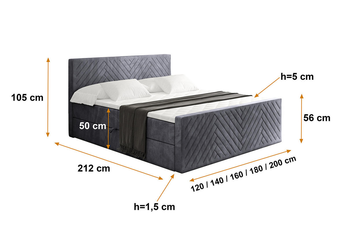 BOXBETT mit Matratze H4 und Lattenrost - VEXA-Z - 160x200 - Dunkelgrau Casablanca - Dunkelgrau, Holzwerkstoff (160/200cm) - ALTDECOR