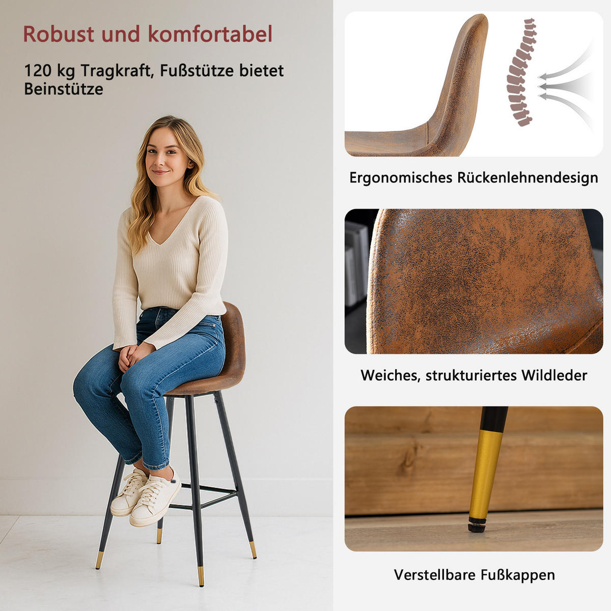 BARHOCKER 2er-Set, gepolstert, Bezug in Wildlederoptik, Braun - Braun, Metall (51.5/101.5/42cm) - Meubles Cosy
