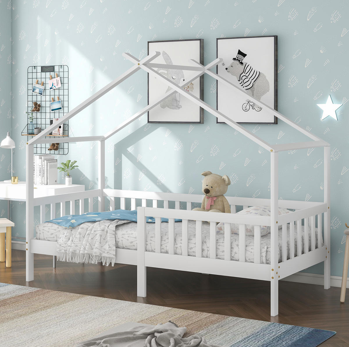 HAUSBETT 90/200 cm Weiß aus Massivholz mit Sicherheitspodest und Lattenrost - Weiß, Holz (90/200cm) - OKWISH