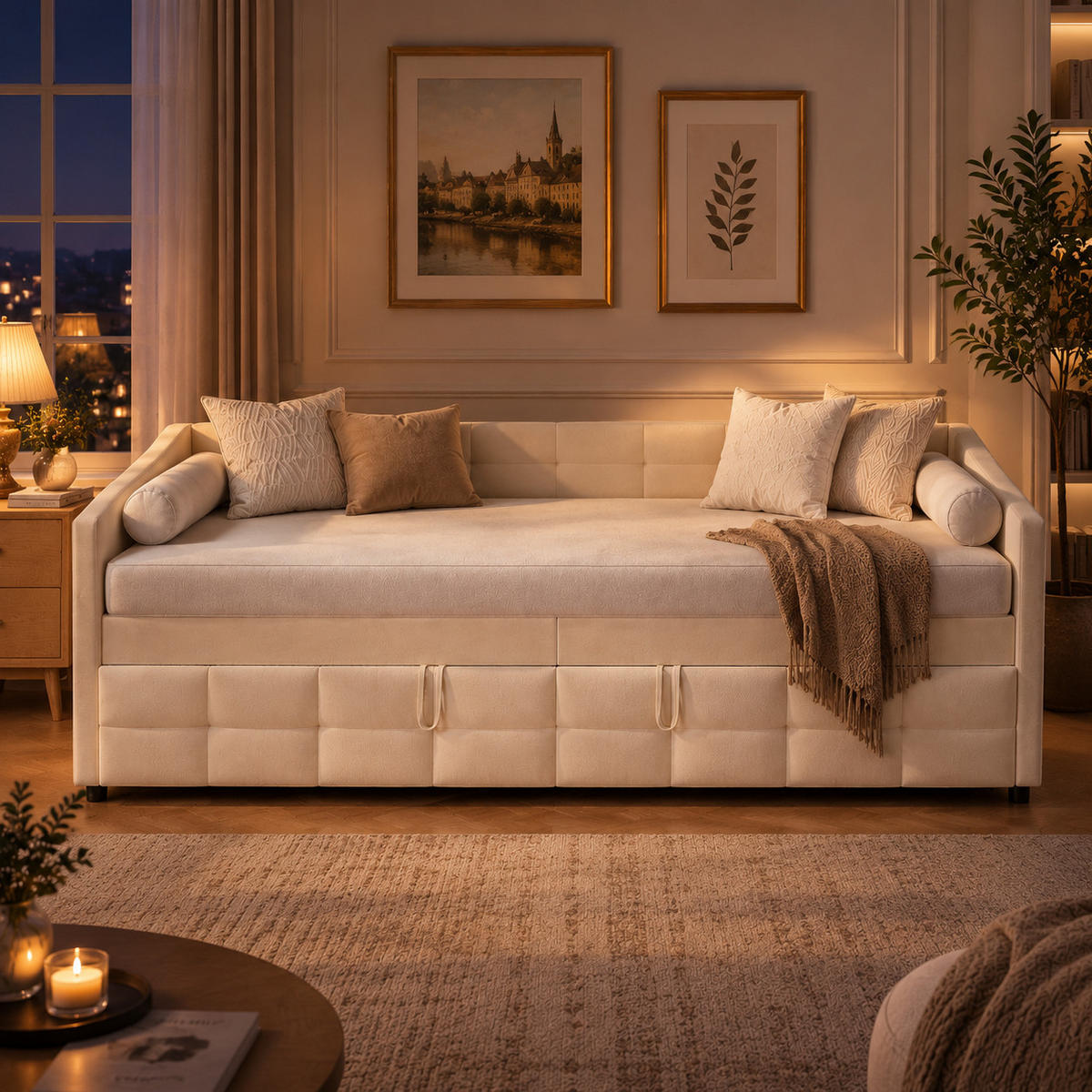 SCHLAFSOFA 200cm breit, Schlafsofa mit ausziehbarer Liegefläche - Beige, Metall (193.5/75/215cm) - Joyfair