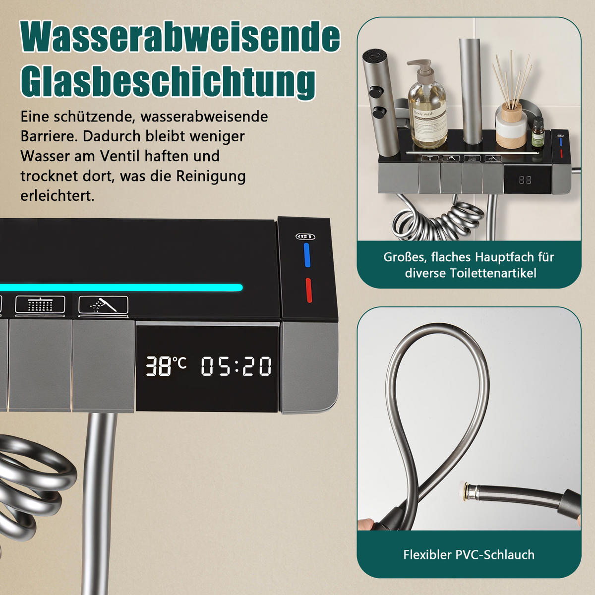 DUSCHKOLONNE gunmetal, digitale led-temp anzeige, 4-in-1 duschfunktion - Grau, Metall (30/11.8/72cm) - SHOPENTRA