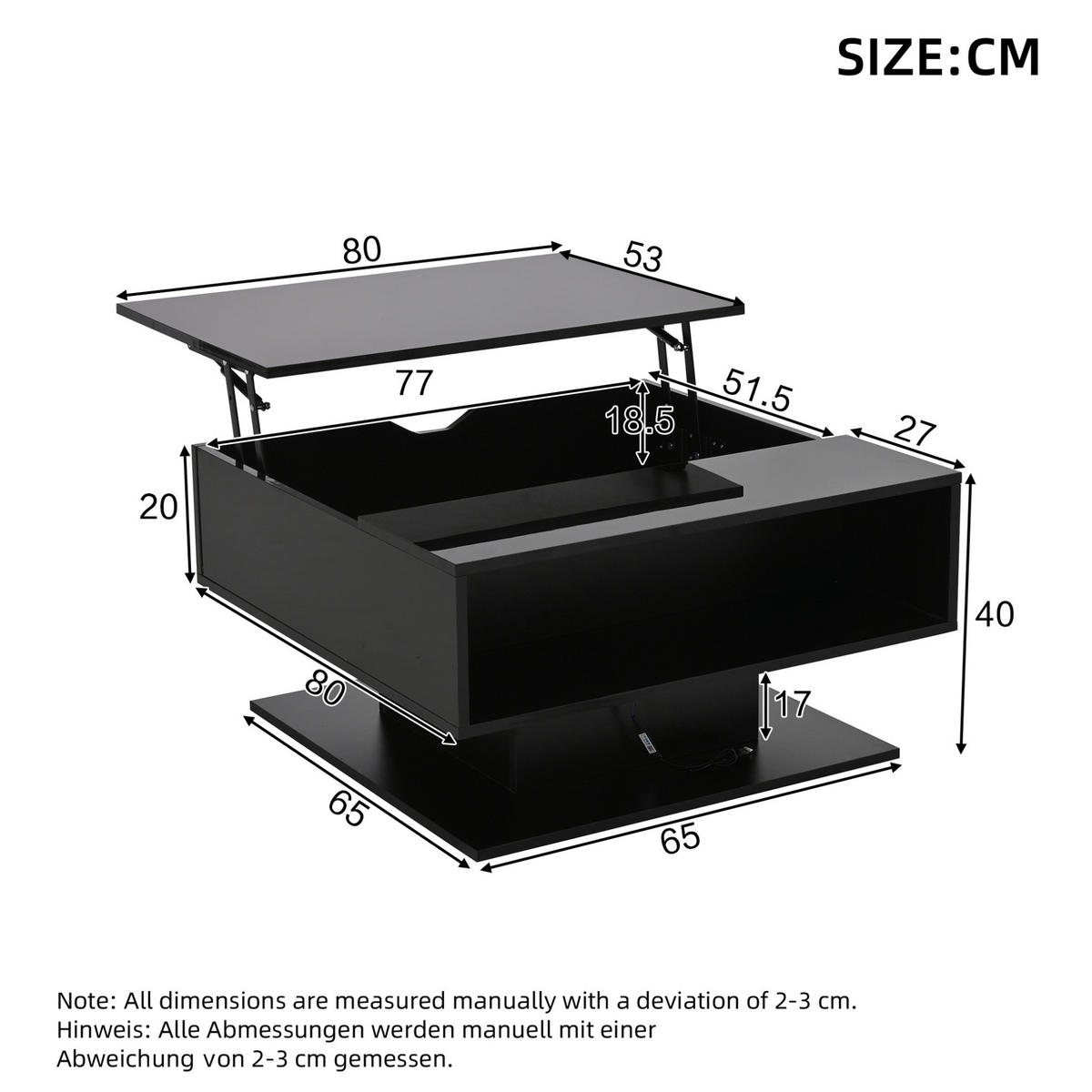 KONFERENČNÍ stolek 80/75/40 cm černý z dřevotřísky se zdvihací deskou a LED - černá, kompozitní dřevo (80/77/40cm) - OKWISH