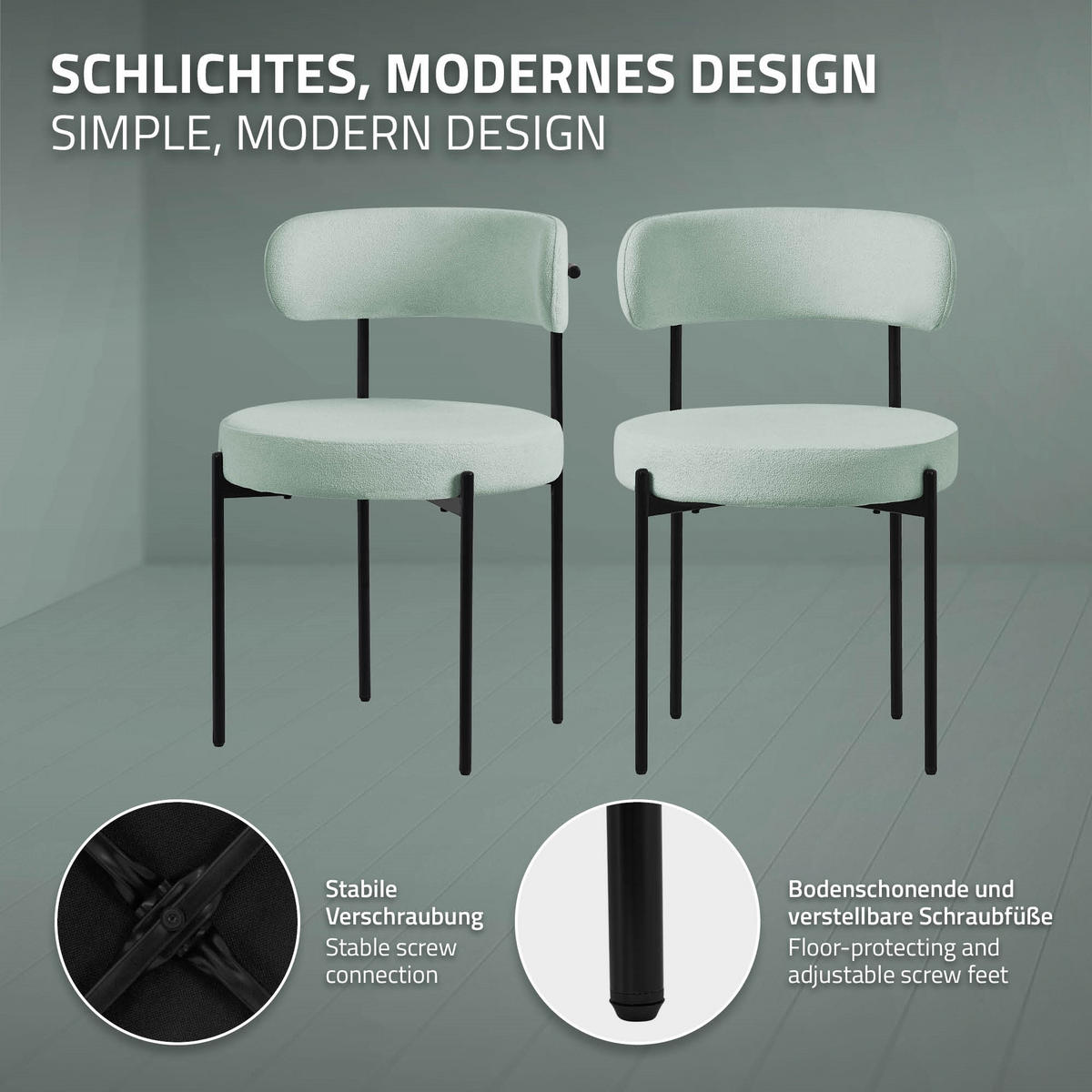 ESSZIMMERSTÜHLE 4ER-SET Grün Teddystoff - Schwarz/Grün, Metall (53/78/50cm) - ML-DESIGN
