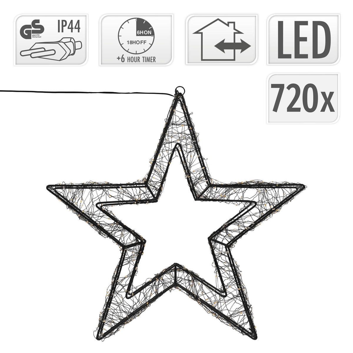 LED-WEIHNACHTSSTERN 50 cm 720 LEDs Extra-Warmweiß mit Timer aus Metall - Schwarz, Metall (50/50/8cm) - ECD-Germany