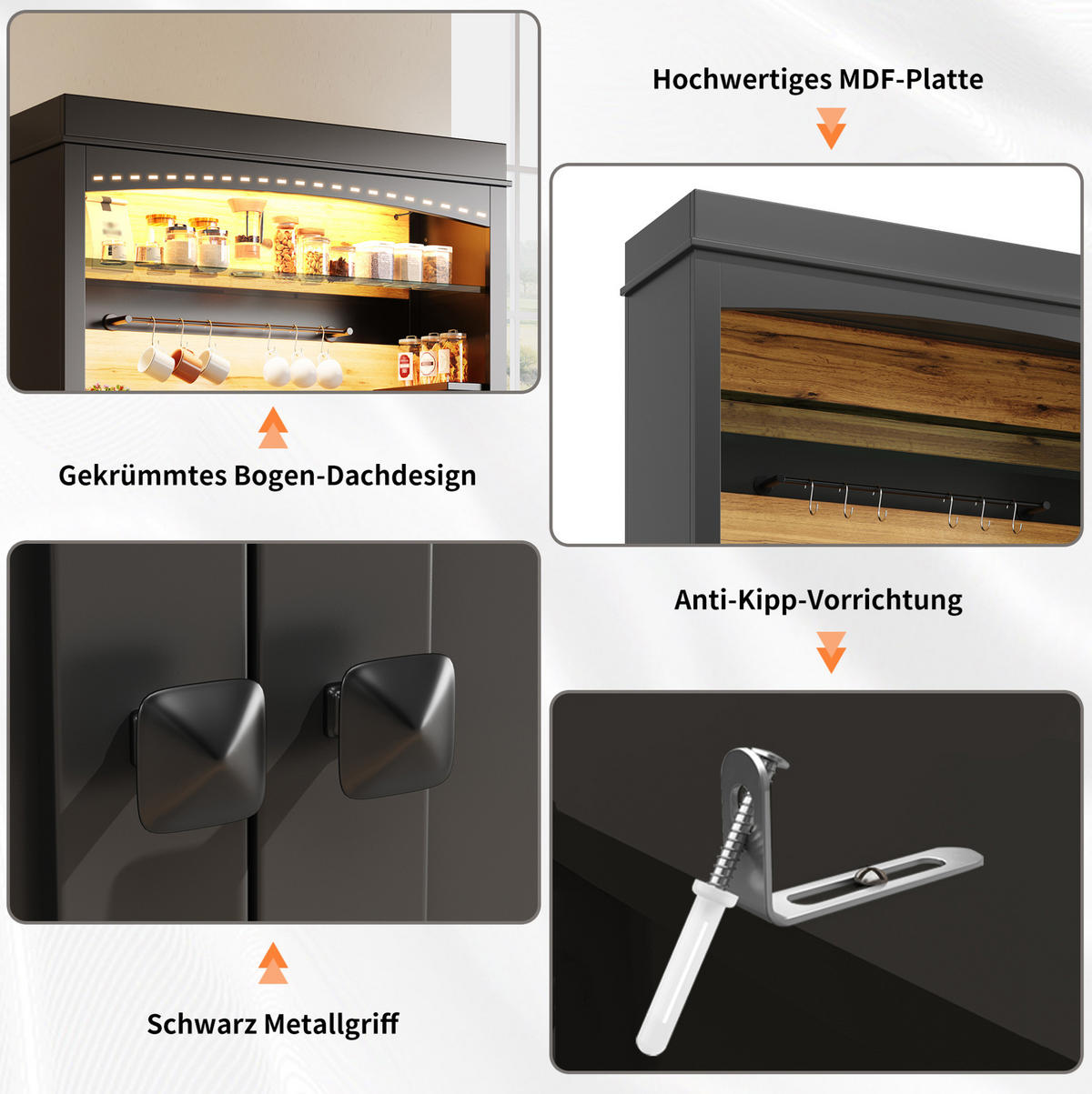 BUFFET 107/43/184 cm aus MDF und Metall mit LED-Beleuchtung Schwarz - Schwarz, Holzwerkstoff (107/184/43cm) - Modenvie