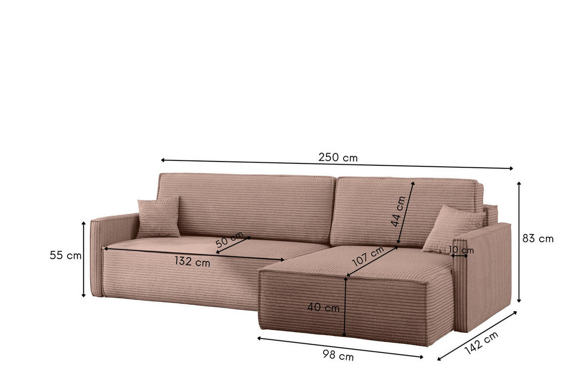 SCHLAFSOFA Carlos, Ecksofa L-Form mit schlaffunktion und bettkasten Stoff Poso Rosa Rechts - Rosa, Holz (250/83/142cm) - Kaiser Möbel