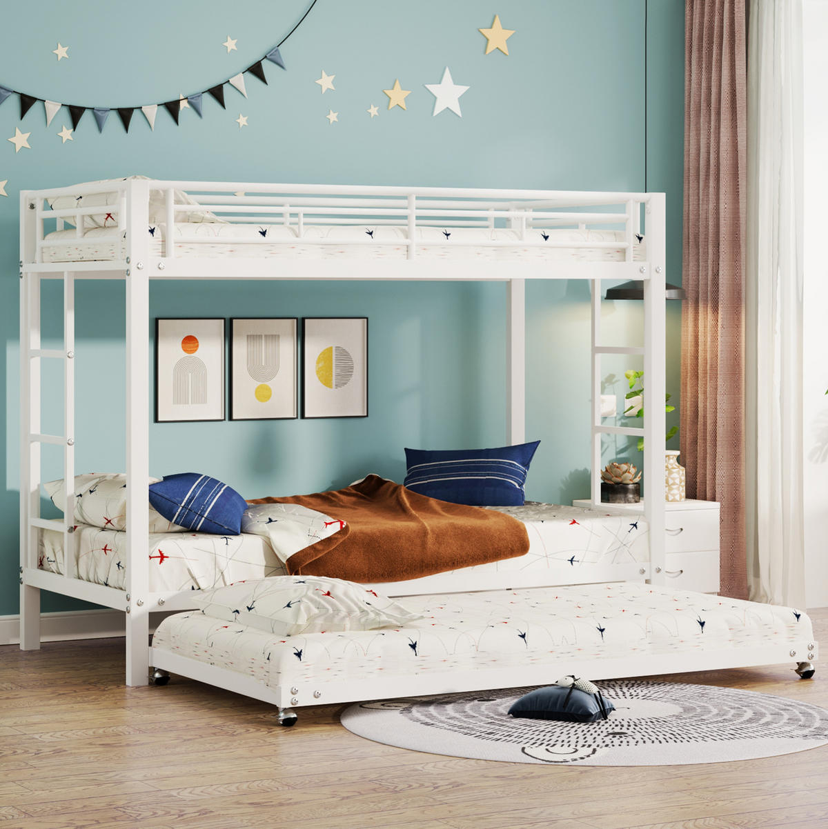 ETAGENBETT 90/200 cm mit Ausziehbett, hohem Sicherheitsgeländer und Metallrahmen, Weiß - Weiß, Metall (90/200cm) - Redom
