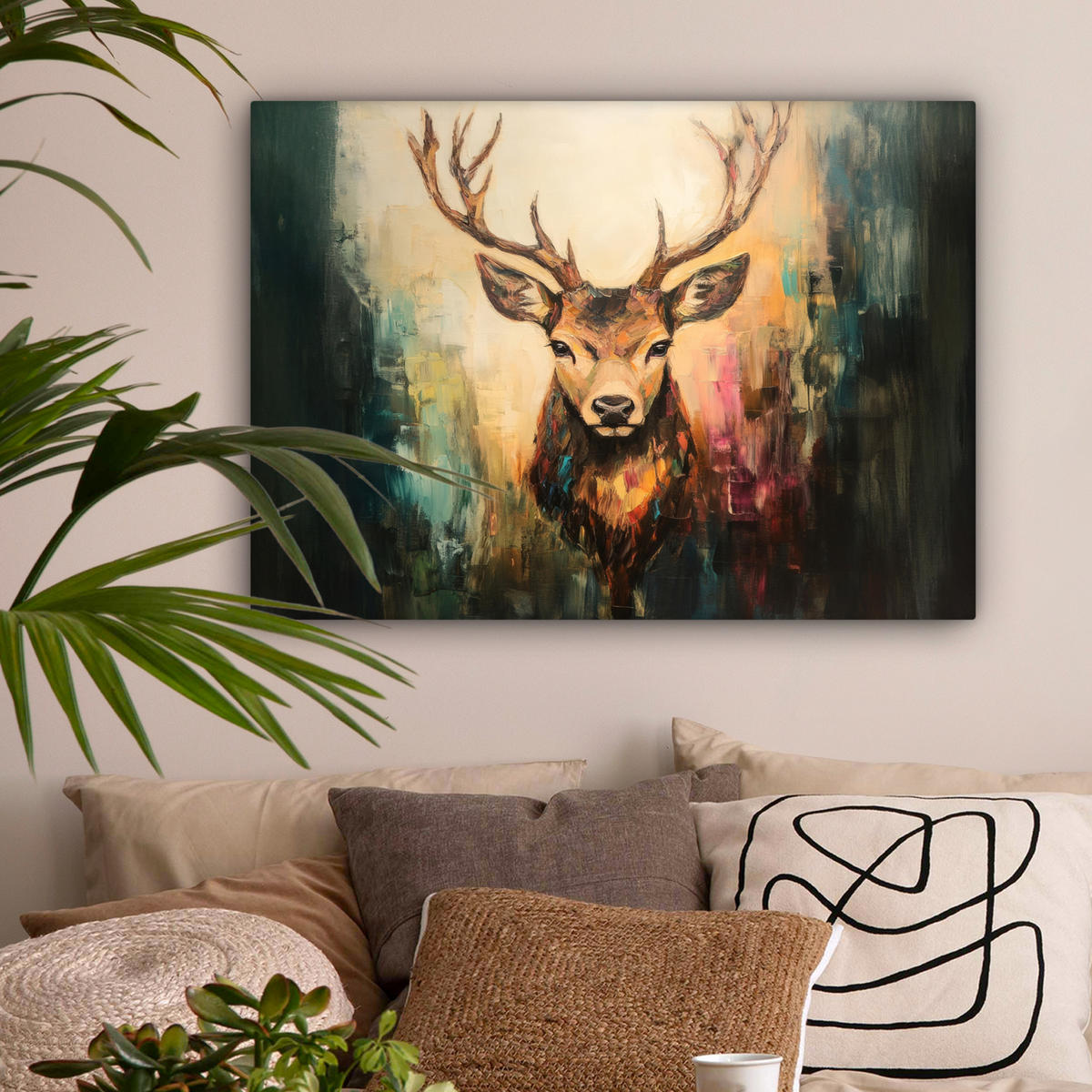 OBRAZ NA PLÁTNĚ Jelen - malovaný - paroží - hnědé 80x60 cm - barva lískového ořechu, textil (80/60cm) - MuchoWow