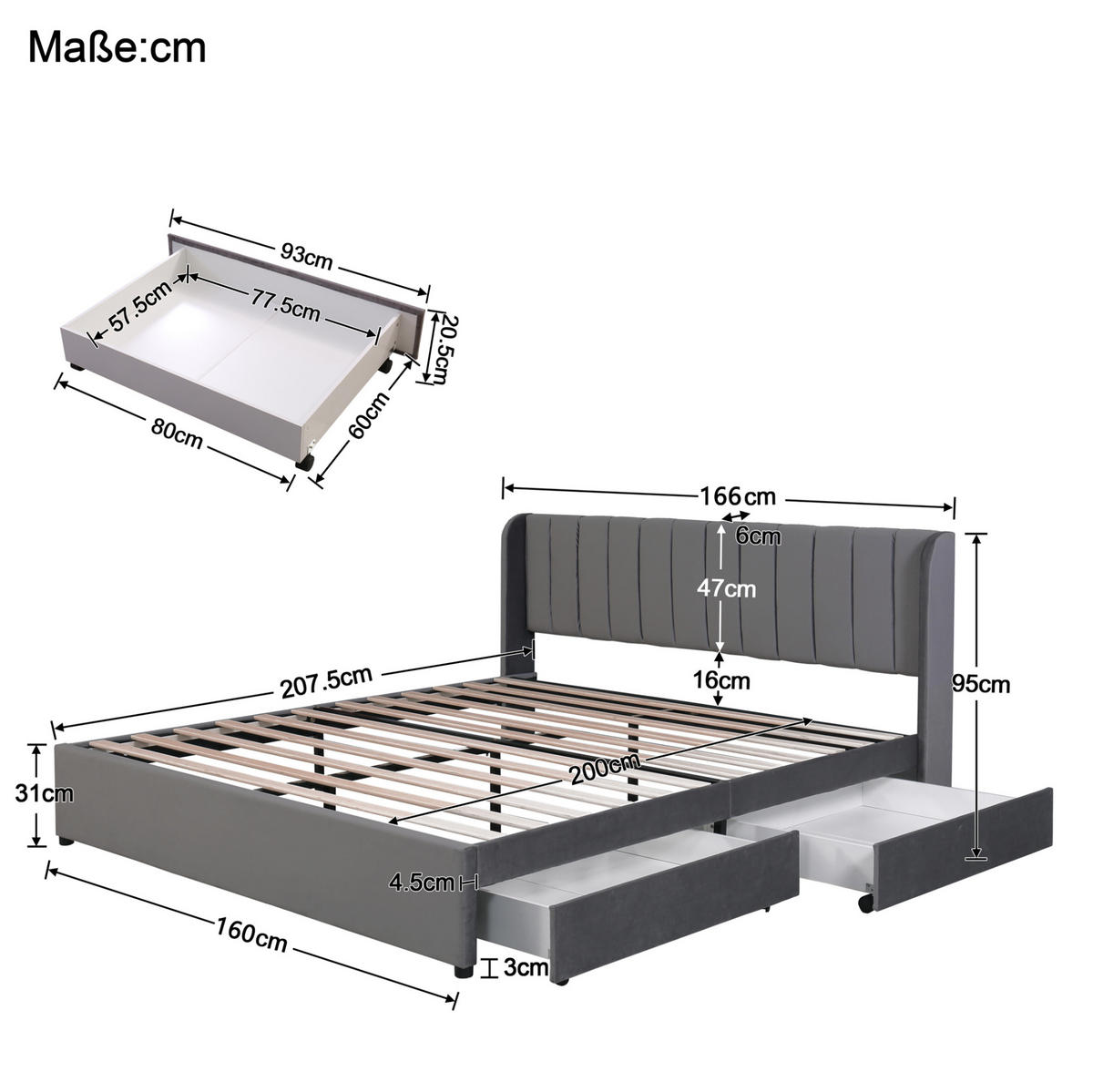 BETT mit 2 Schubladen 160x200 cm Samt Grau - Grau, Holz (160/200cm) - Meubliv