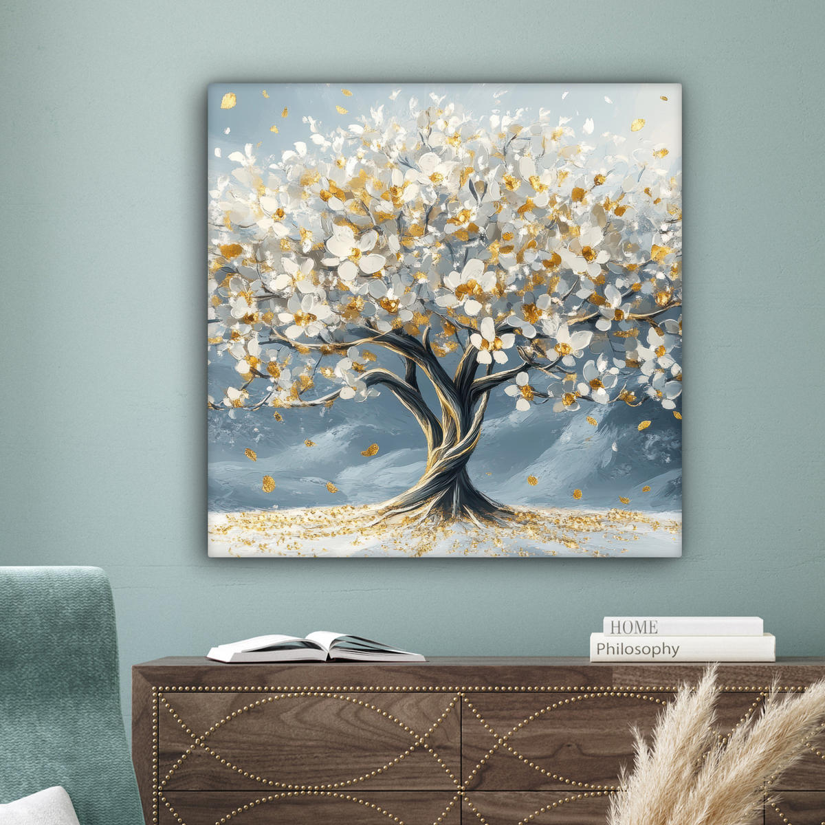 LEINWANDBILD Baum - Winter - Baum des Lebens - Modern - Gold Deko Groß 90x90 cm - Goldfarben, Textil (90/90cm) - MuchoWow