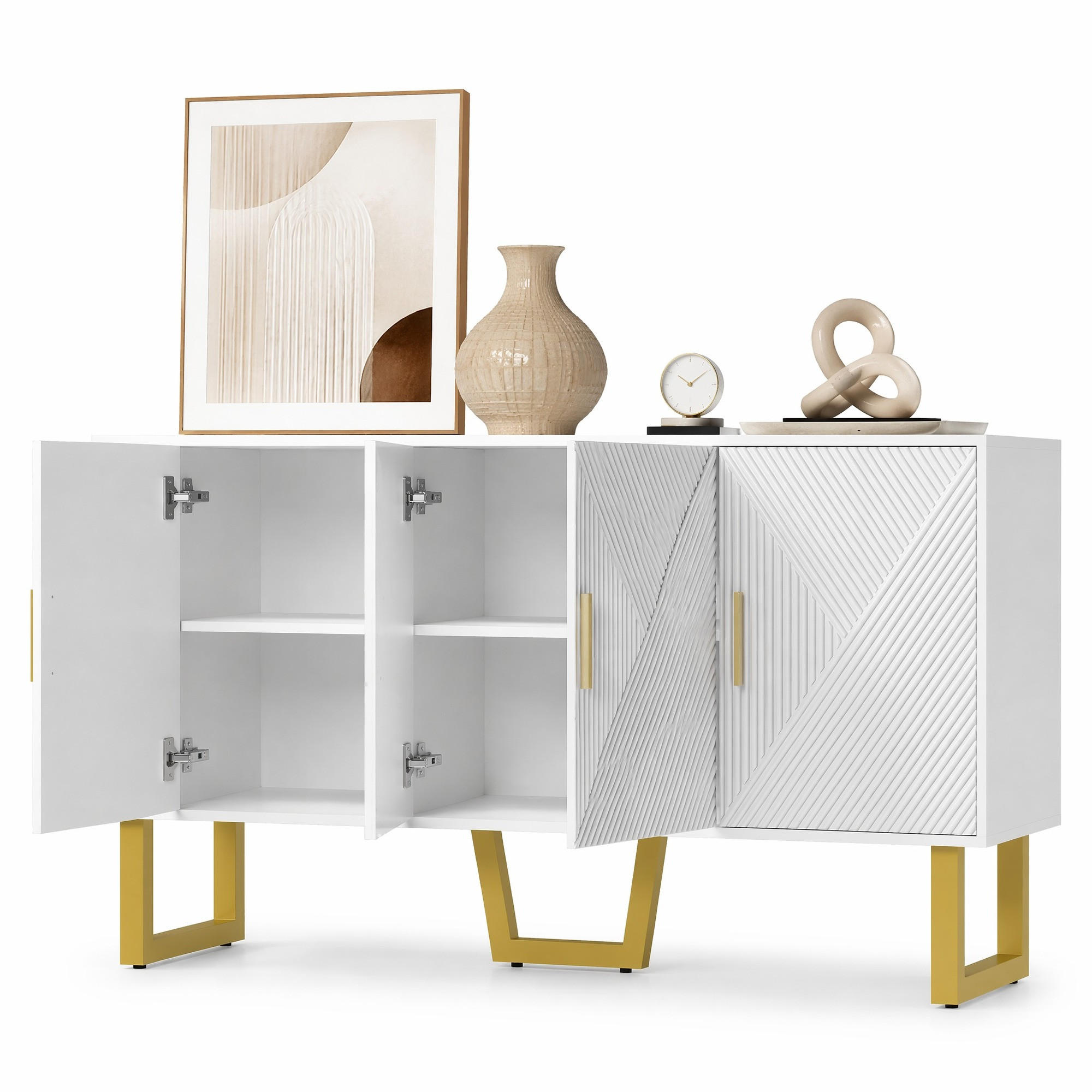 SIDEBOARD in Weiß Anrichte mit 4-Türen-Design und goldenen Griffen für Wohnzimmer und Schlafzimmer, B150/T40/H82 cm - Goldfarben/Weiß, Holzwerkstoff/Metall (150/82/40cm) - STILVORA