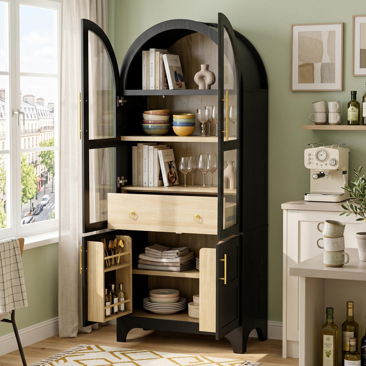HIGHBOARD mit Riffelglas & Schubladen 180cm - Schwarz, Holzwerkstoff (76/180/40cm) - Urban Meuble