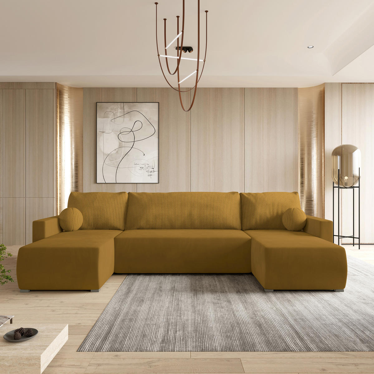 ROHOVÁ SEDAČKA TESSUN žlutá - šedá/žlutá, dřevo/textil (286/143cm) - MASSENO