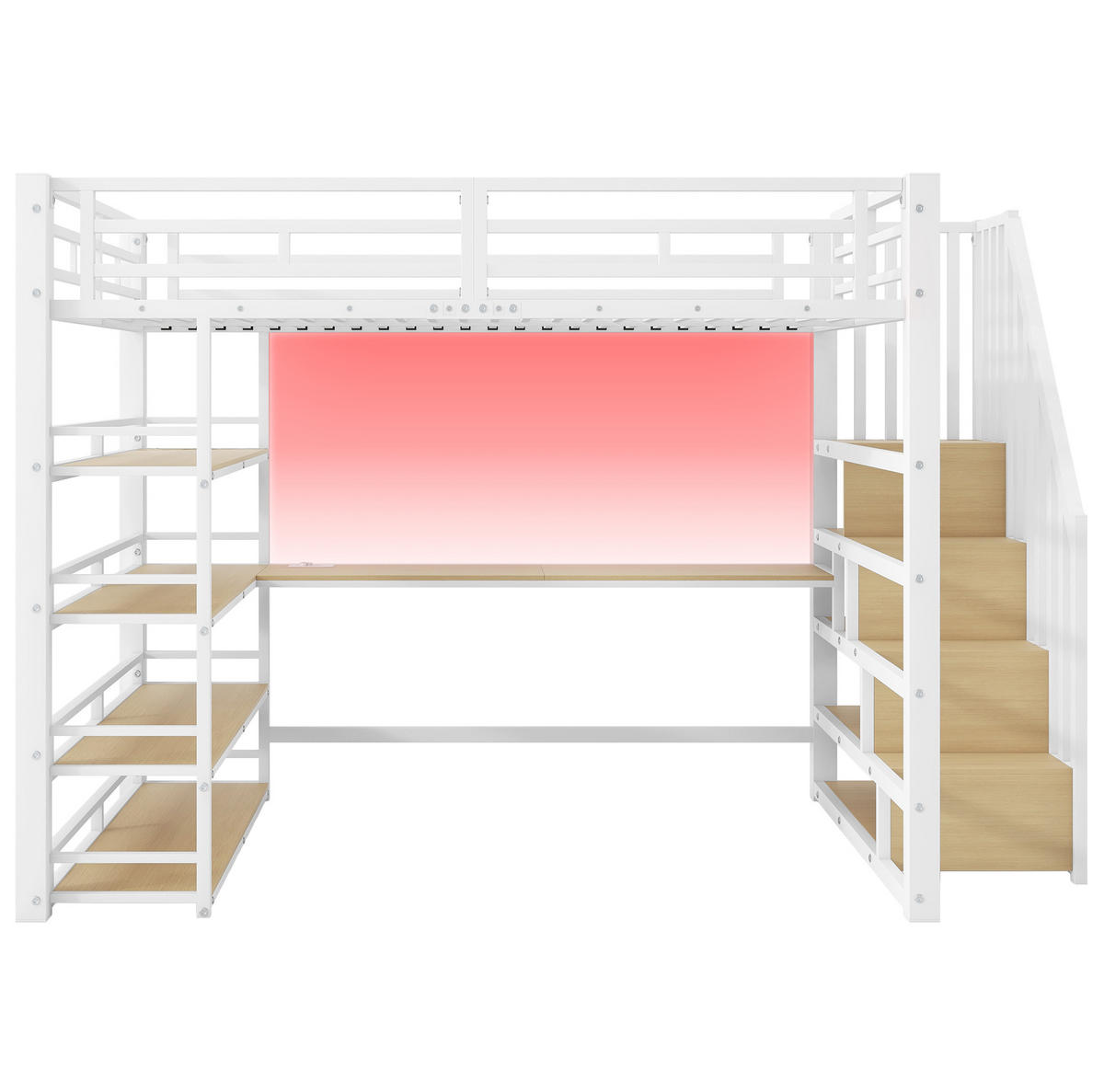 HOCHBETT 140/200 cm aus Metall mit Schreibtisch, Stauraumtreppe, Regal, LED und USB-Ladestation, Weiß - Weiß, Holzwerkstoff (140/200cm) - Redom