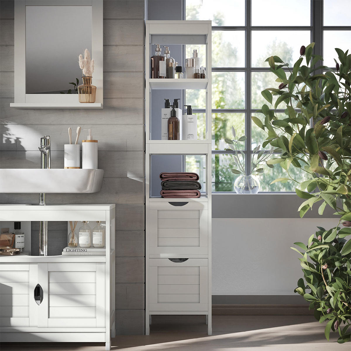 BADSCHRANK Vilda Weiß 30 x 144 cm mit 2 Schubladen - Weiß, Holzwerkstoff (30/144/30cm) - Vicco