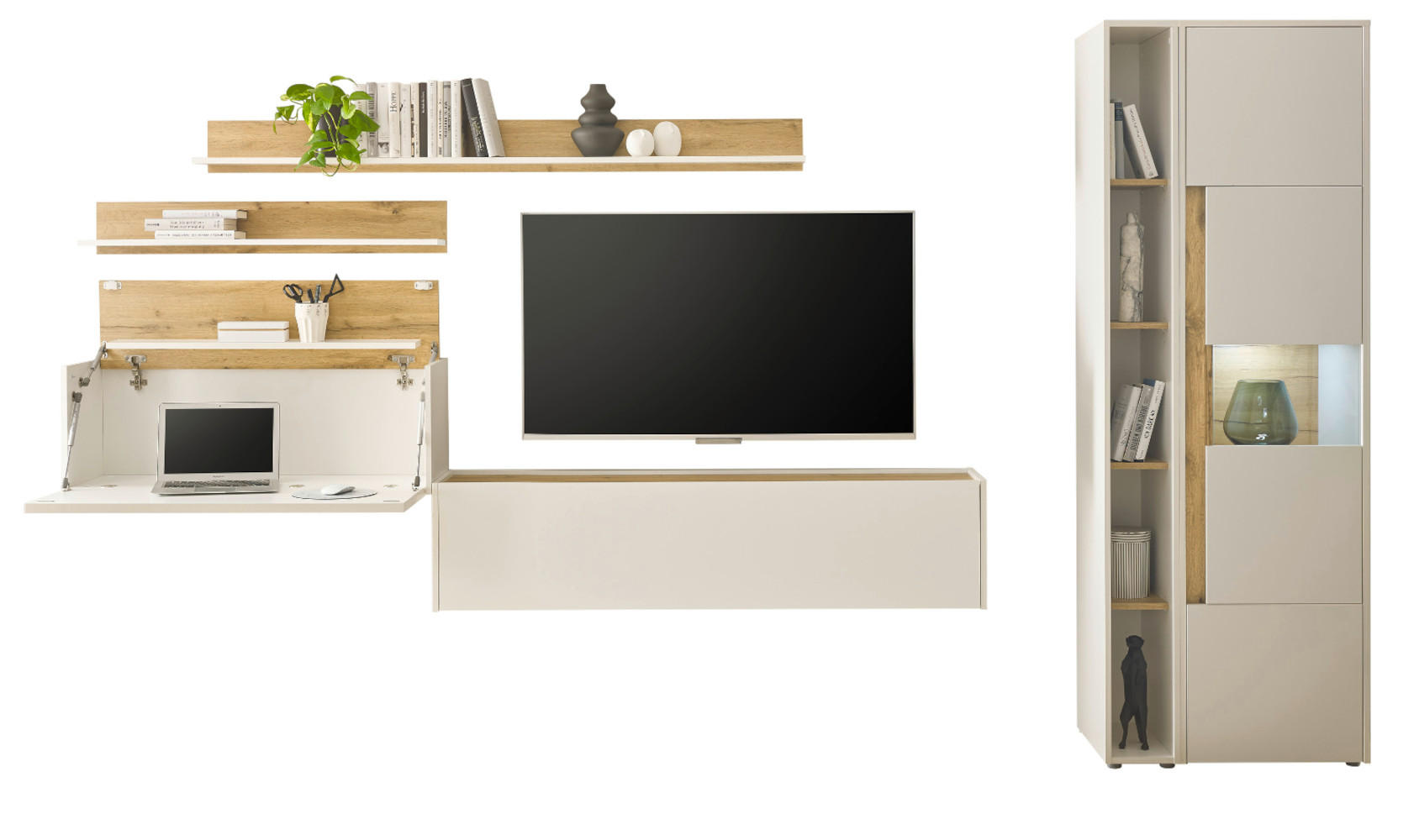 Furn.Design Wohnwand Weiß, Eiche Wotan 340x200x40 cm