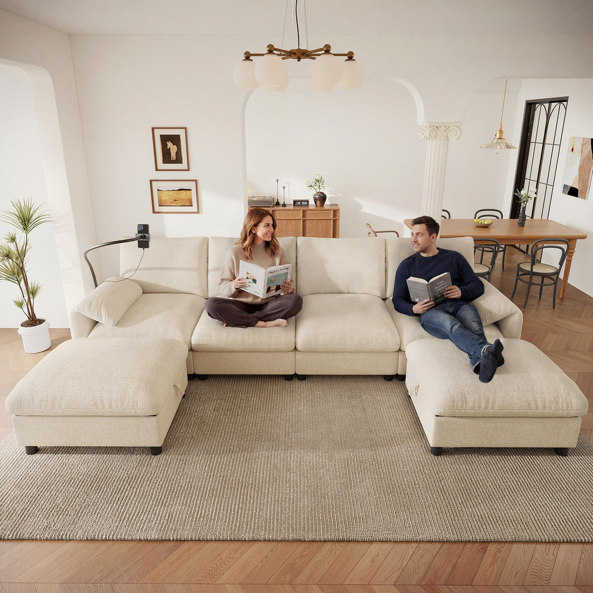 SCHLAFSOFA mit 6 Sitzen, Stauraum-Hockern, USB/Type-C und Handyhalter,Beige - Beige, Textil (273.5/81/133cm) - EVRYAE