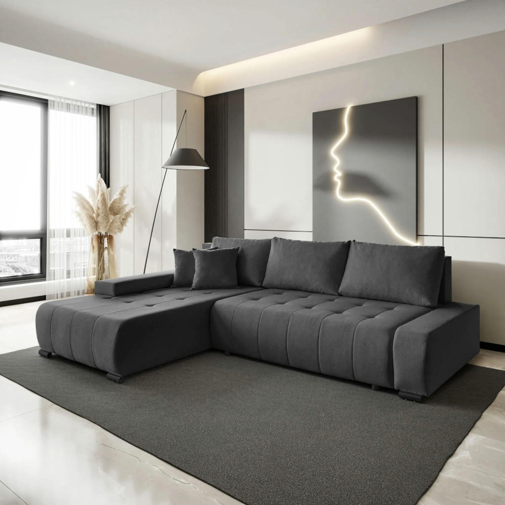 ECKSCHLAFSOFA Draco L Graphit - Schwarz/Graphitfarben, Textil/Metall (268/183cm) - Beautysofa