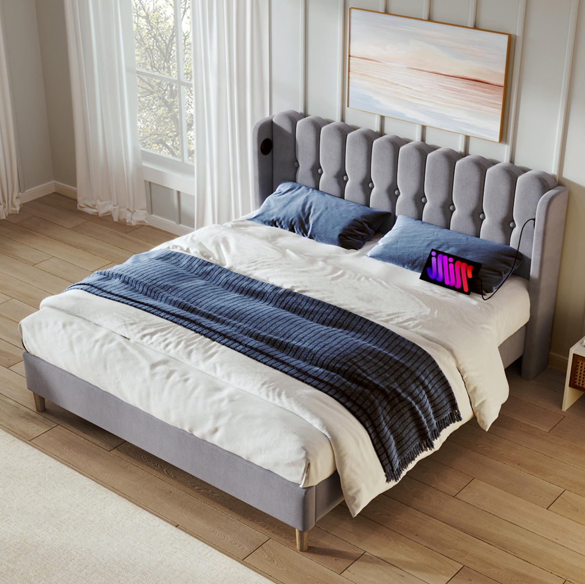 POLSTERBETT 140/200 cm Grau aus Leinen mit Matratze und USB- und Type-C-Anschlüssen - Grau, Textil (140/200cm) - Flora Grace