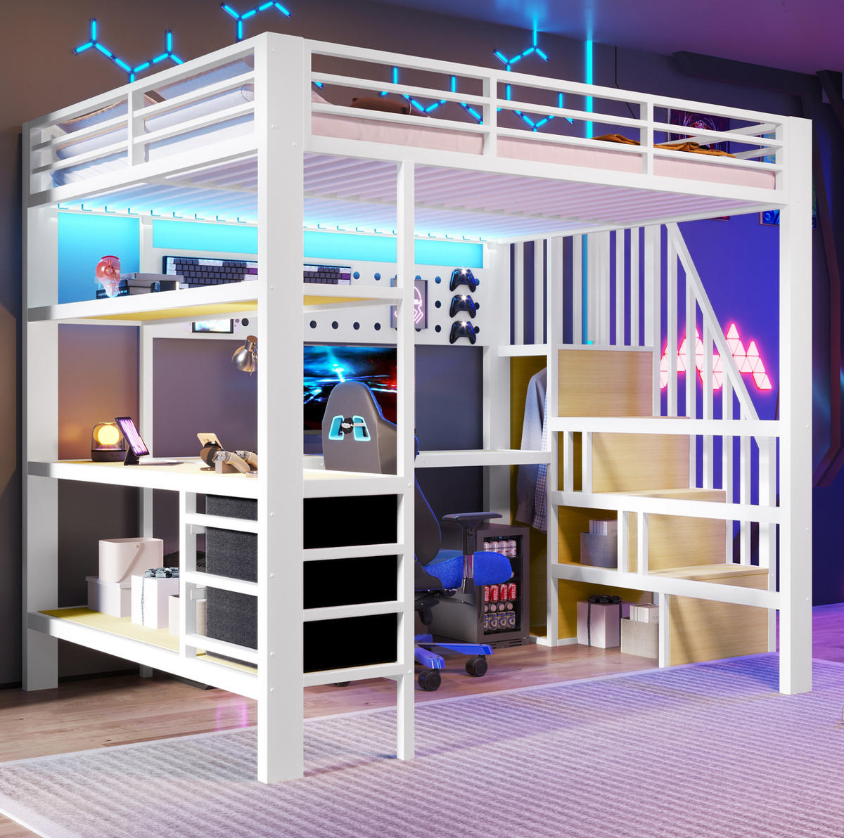 HOCHBETT 140/200 cm, Weiß mit Schubladen, Tisch, LED-Licht ohne Matratze - Weiß, Metall (140/200cm) - MIVRAY