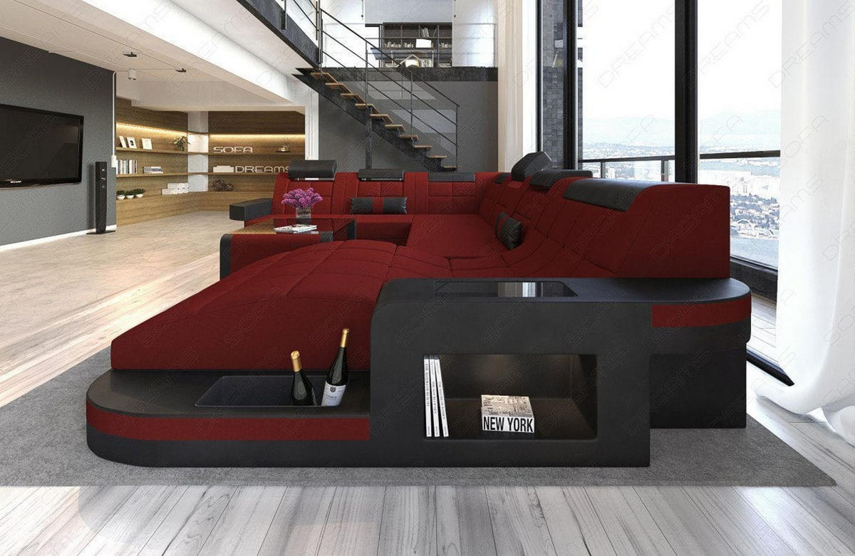 WOHNLANDSCHAFT Wave Dunkelrot Schwarz Mikrofaserstoff - Dunkelrot, Kunststoff (379/80/274cm)