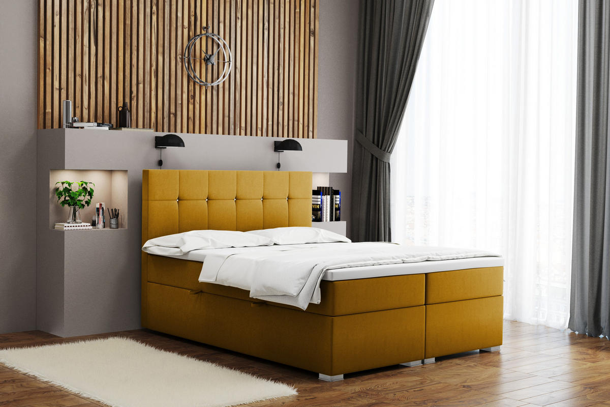 BOXBETT Mit Matratze Und Bettkasten LINDT Stoff Velvet 120x200 cm Gelb H2-Pocket - Gelb, Holz/Holzwerkstoff (120/200cm) - Kaiser Möbel