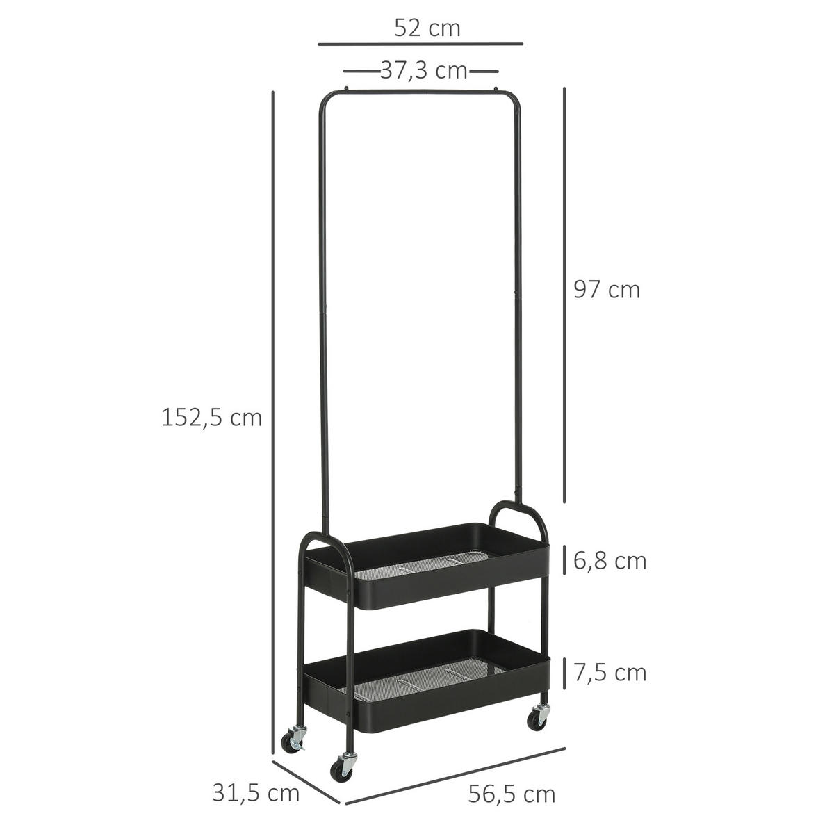 KLEIDERSTÄNDER auf Rollen, Garderobenständer mit Kleiderstange, Schwarz - Schwarz, Metall (56.5/152.5/31.5cm) - HOMCOM