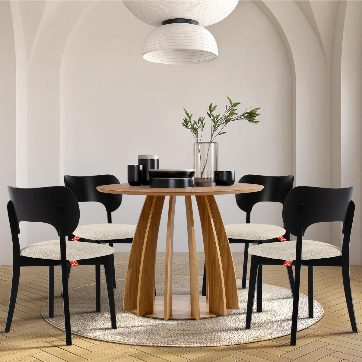 HOLZSTUHL LYCO Esstischstühl 2-er Set, Bouclé - Creme/Schwarz, Holz/Textil (47/80.5/45cm) - KONSIMO®