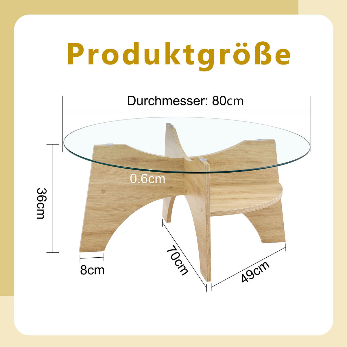 COUCHTISCH in Naturfarbe Moderner runder Beistelltisch für Esszimmer und Wohnzimmer, Ø80/H36 cm - Transparent/Naturfarben, Glas/Holzwerkstoff (80/80/36cm) - STILVORA