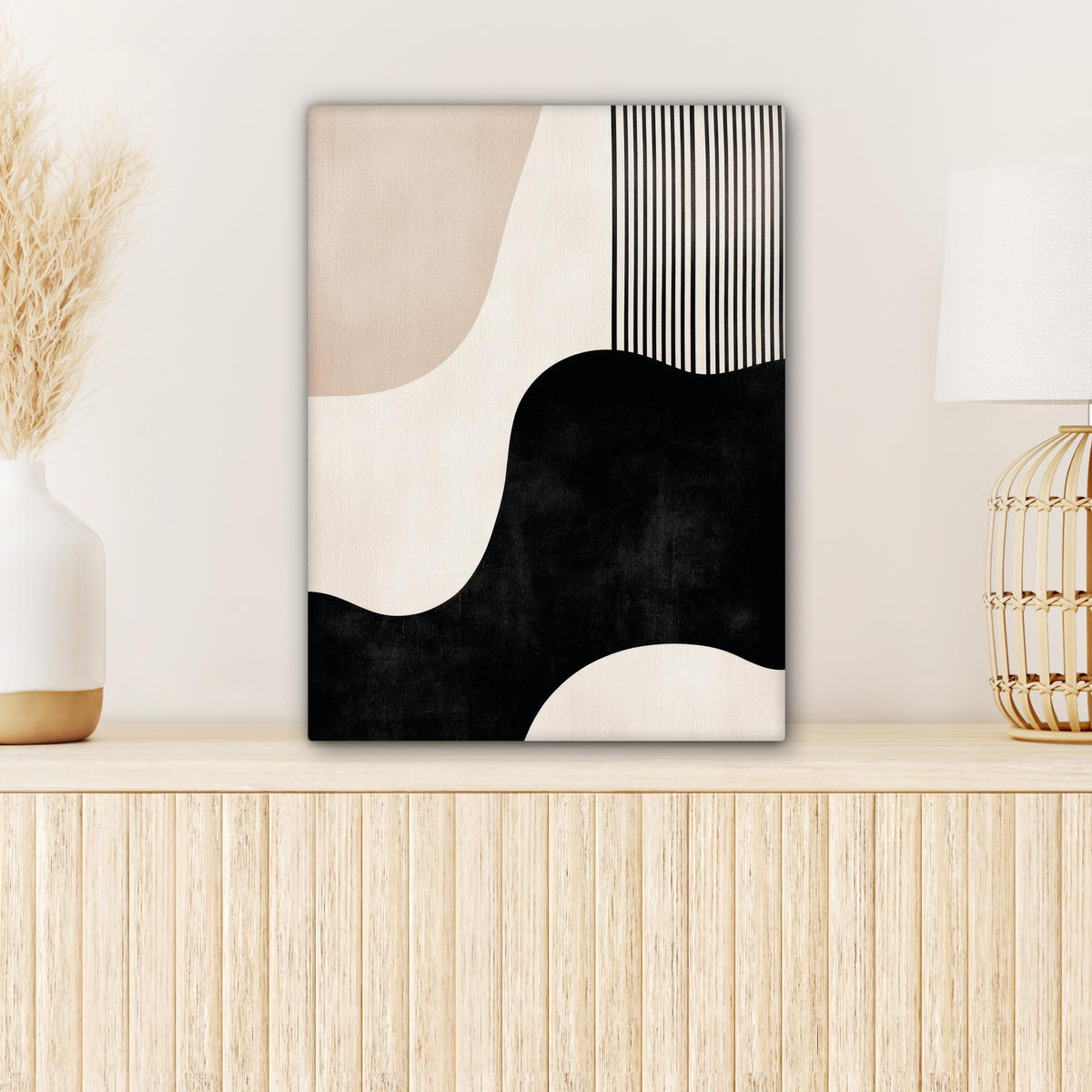 LEINWANDBILD Abstrakt - Japandi - Beige - Modern 30x40 cm - Schwarz, Textil (30/40cm) - MuchoWow