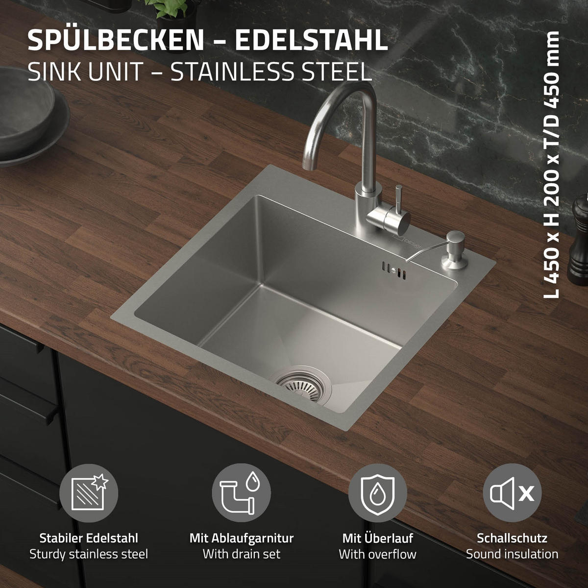 SPÜLBECKEN Edelstahl 45/45cm - Silberfarben, Metall (45/20/45cm) - ML-DESIGN