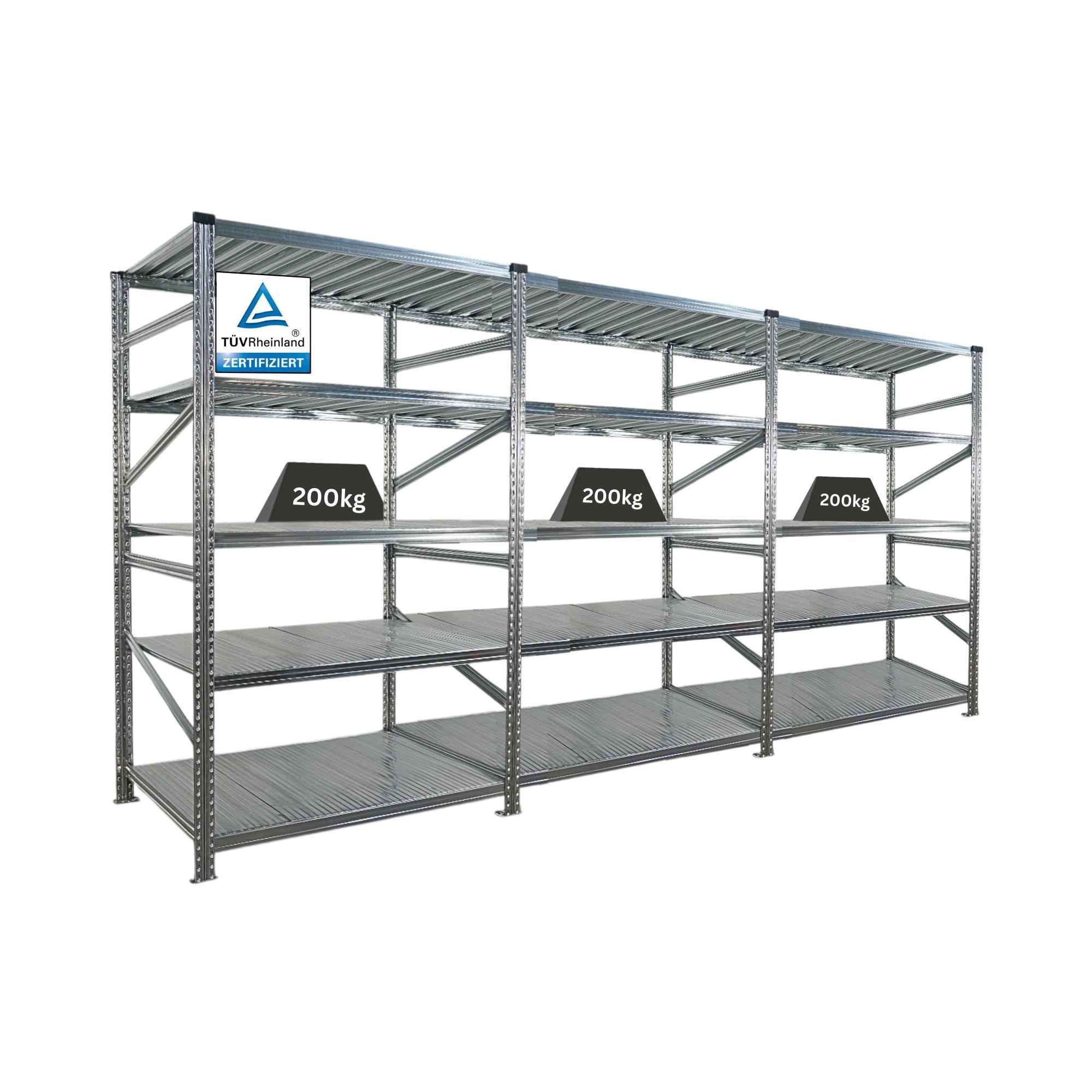 FACHBODENREGAL Proximo Stecksystem 200x360x80cm 5 Ebenen Fachlast 200 kg Beidseitig nutzbar Verzinkt - Silberfarben, Metall (360/200/80cm) - PROREGAL