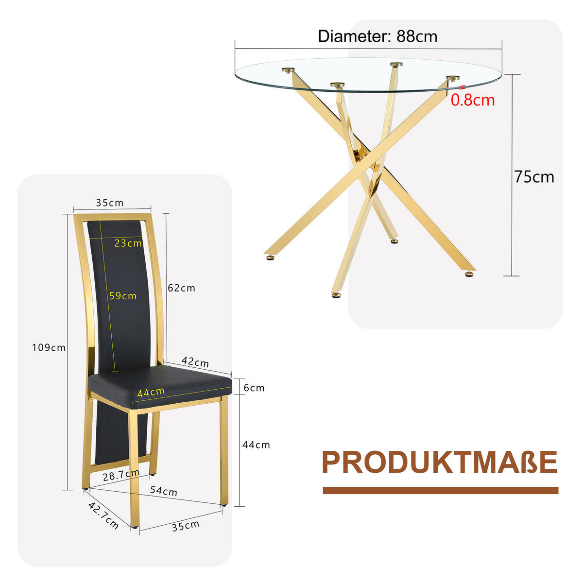 ESSGRUPPE DE-39460 3-teilig, Glastisch und 2 Stühlen mit Goldkante Schwarz - Schwarz, Metall (88/75/88cm) - ComfortXL