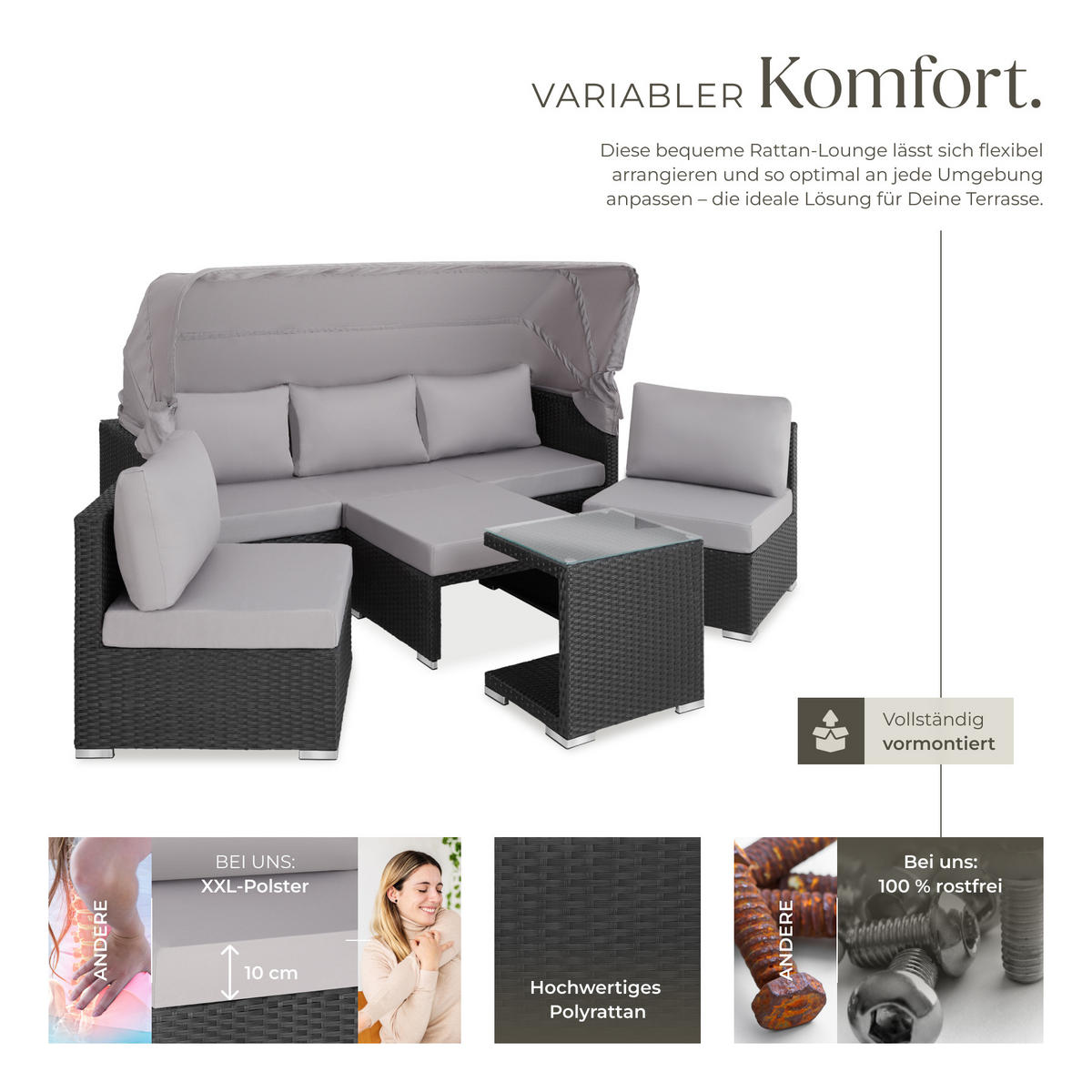 RATTANLOUNGE San Marino,mit Sicherheitsglasplatte, variabel aufstellbar,schwarz - Schwarz, Kunststoff (68/131cm) - tectake