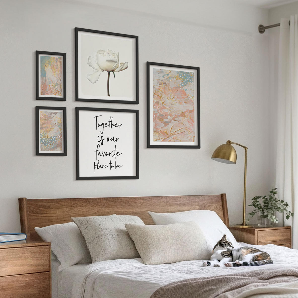 BILDER SET 5er Set - 50x50 cm & 20x30 cm & 40x60 cm Schwarzer Rahmen - Abstrakte Pastellmuster - Schwarz, Kunststoff (40/60cm) - TULUP