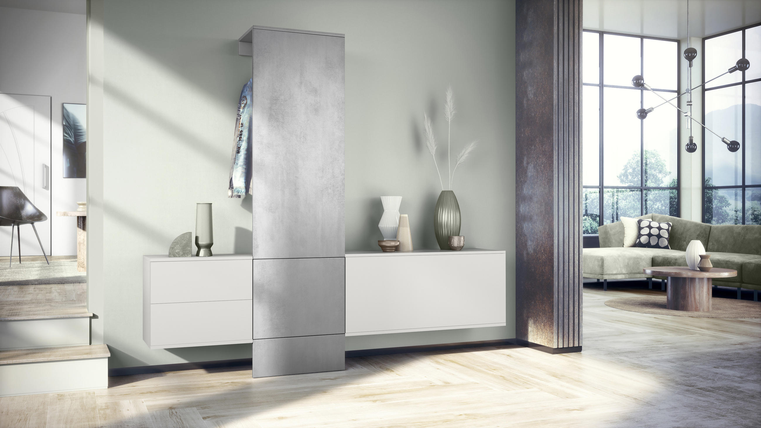 GARDEROBE DualVista Beton Oxid Optik - Hellgrau, Holzwerkstoff (208/193/35cm) - Vladon