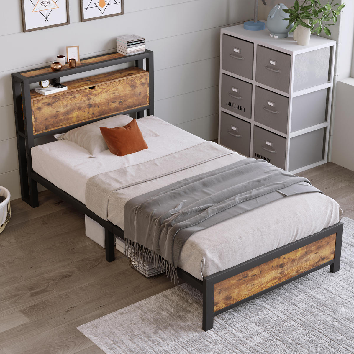 BETT 90/200 cm mit Stauraum-Kopfteil und Holzmaserung - Naturfarben, Metall (90/200cm) - OKWISH