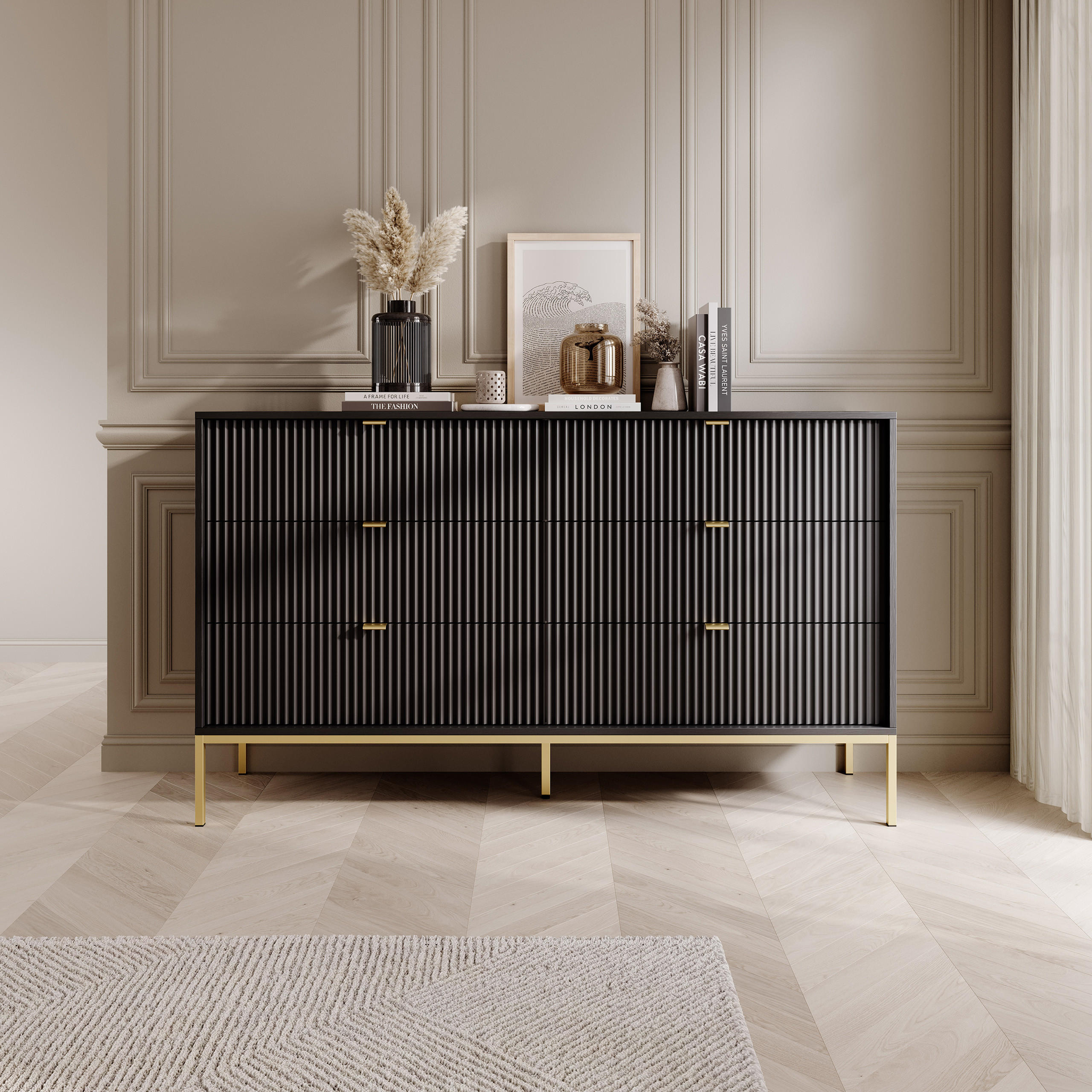 SIDEBOARD STELLARE 154/91/39 cm mit 6 Schubladen Schwarz - Goldfarben/Schwarz, Holzwerkstoff (154/91/39cm) - MASSENO