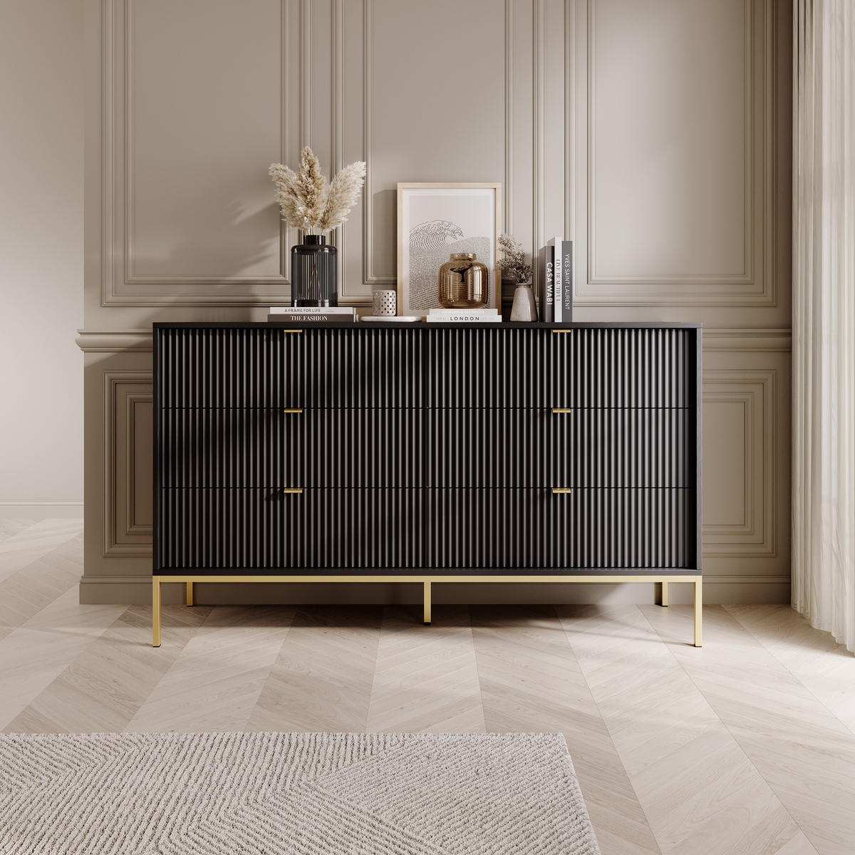 SIDEBOARD STELLARE 154/91/39 cm mit 6 Schubladen Schwarz - Goldfarben/Schwarz, Holzwerkstoff (154/91/39cm) - MASSENO