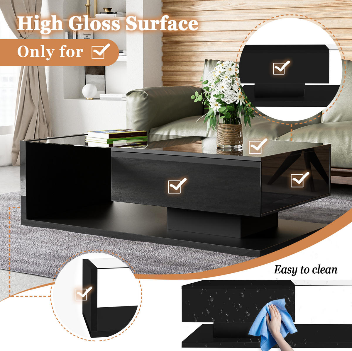 COUCHTISCH 105/55/32.5 cm schwarz aus Spanplatte mit LED-Effekt - Schwarz, Holzwerkstoff (105/55/32.5cm) - OKMYHOME