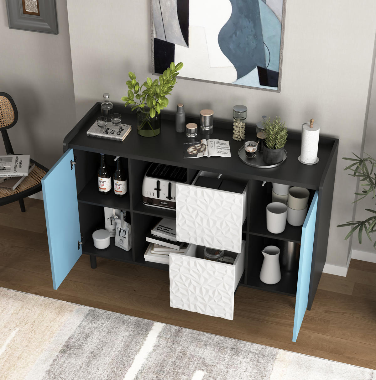 SIDEBOARD 120/40/80 cm mit 2 Schubladen & 2 offenen Fächern in Schwarz/Blau - Schwarz, Holzwerkstoff (120/80/40cm) - BEAOK