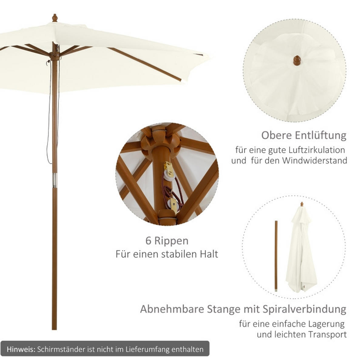 SONNENSCHIRM Ø2,5 m Bambus weiß - Weiß, Holz (250/250cm) - LEBENLANG