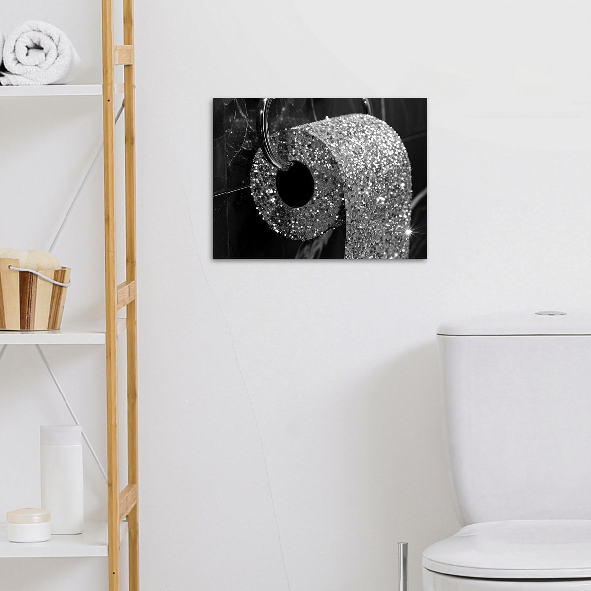 LEINWANDBILD WC - Toilettenpapier - Schwarz und weiß - Badezimmer 40x30 cm - Silberfarben, Textil (40/30cm) - MuchoWow